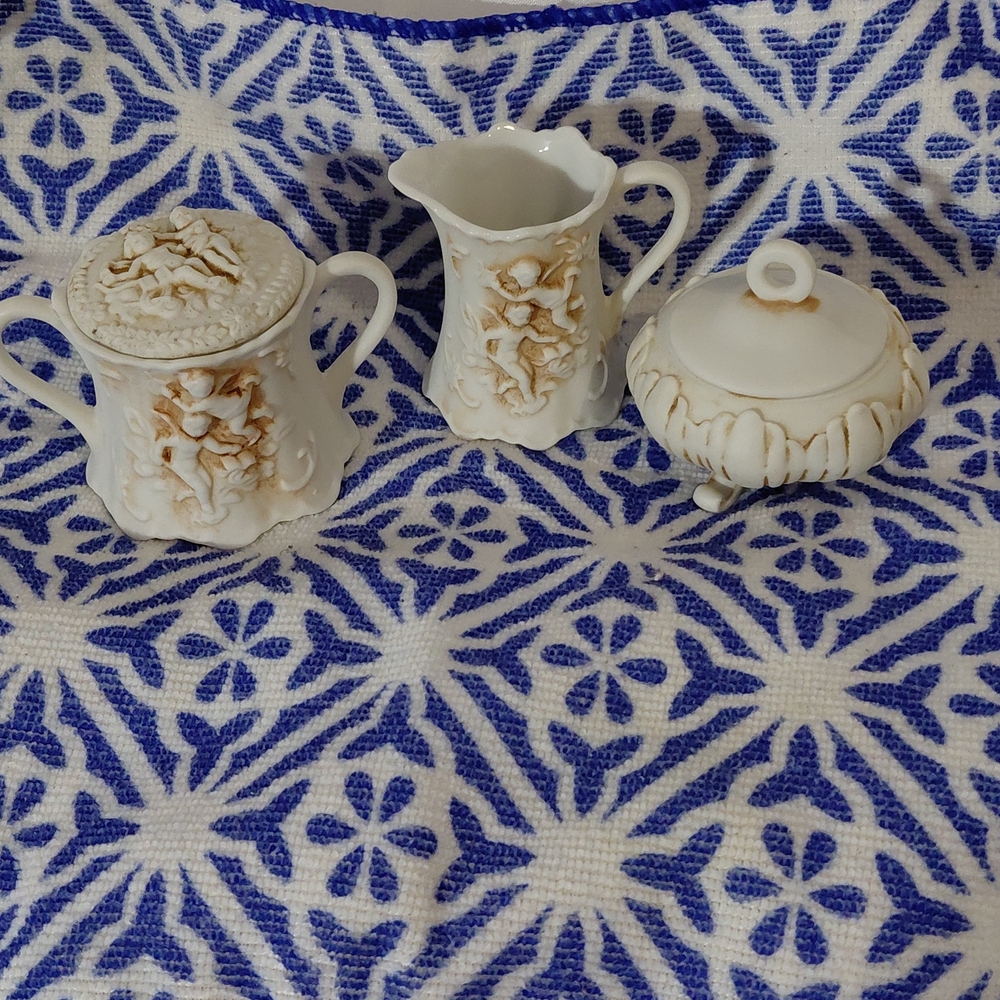 Lefton Cream Porcelain Cherub Creamer, Sugar and Covered Dish with Gold Accents